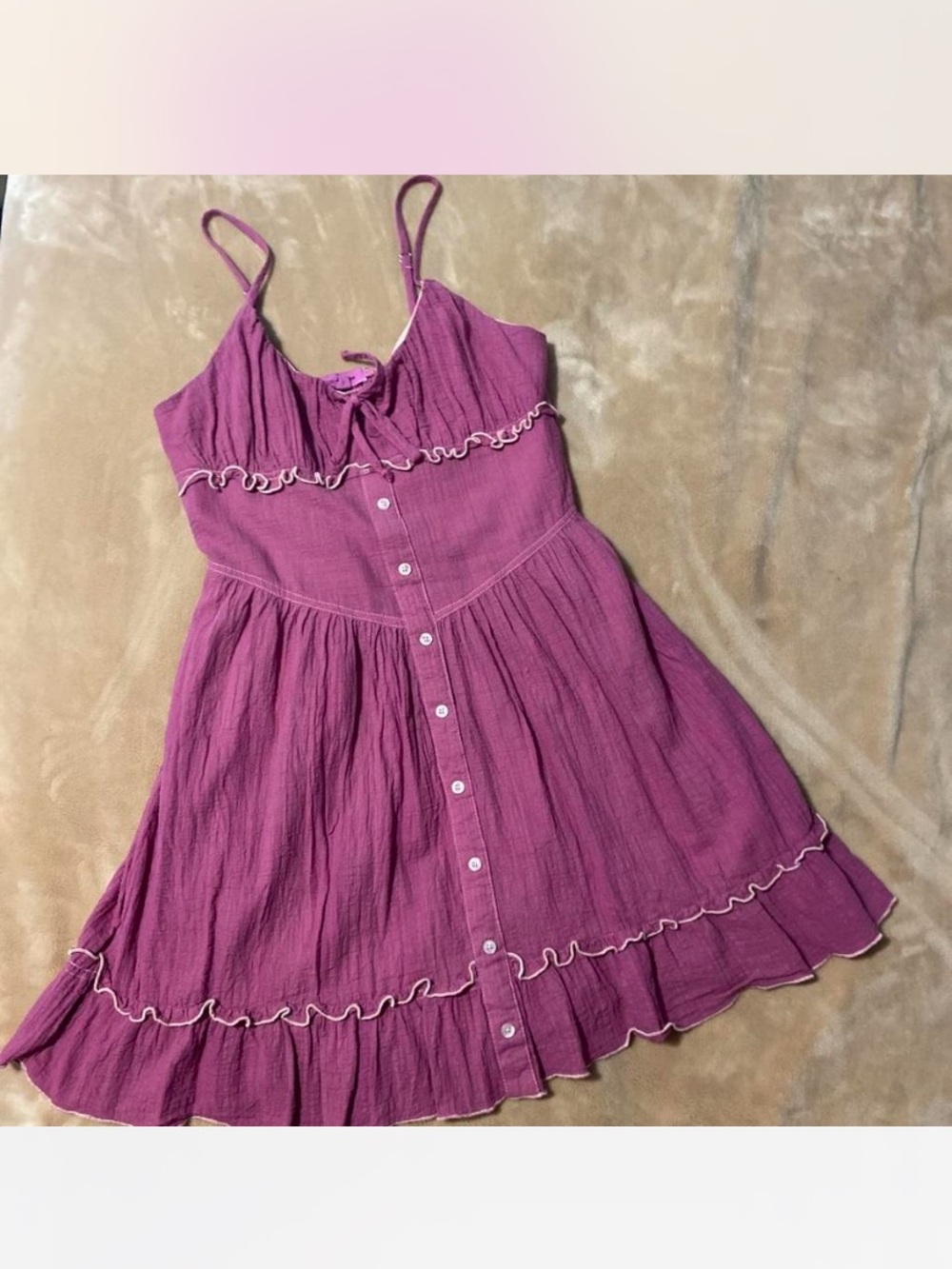 Spaghetti-Strap Ruffle Button-Front Mini Dress in Plum Sz XS